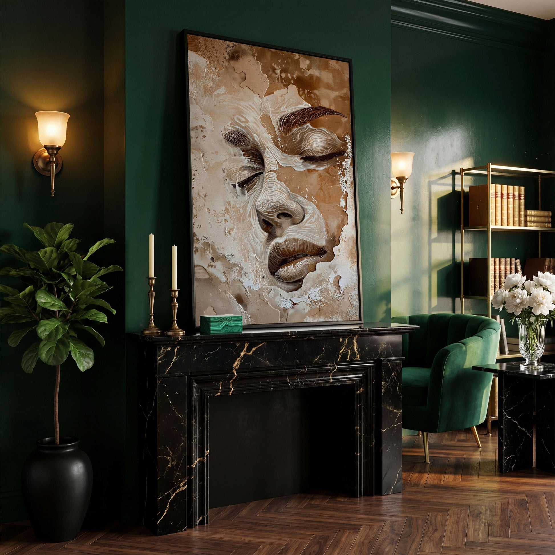 Abstract Beige Fashion Face Canvas Print in black floating frame