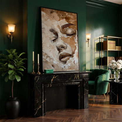 Abstract Beige Fashion Face Canvas Print in black floating frame