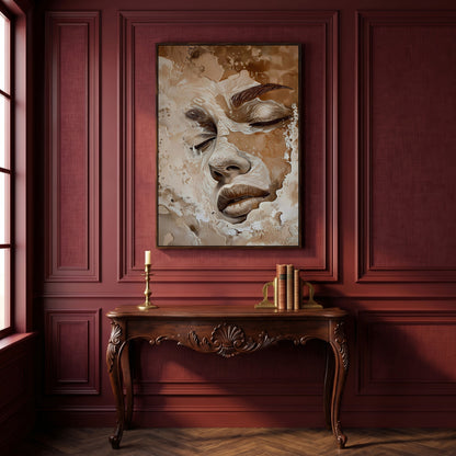 Abstract Beige Fashion Face Canvas Print in dark walnut floating frame