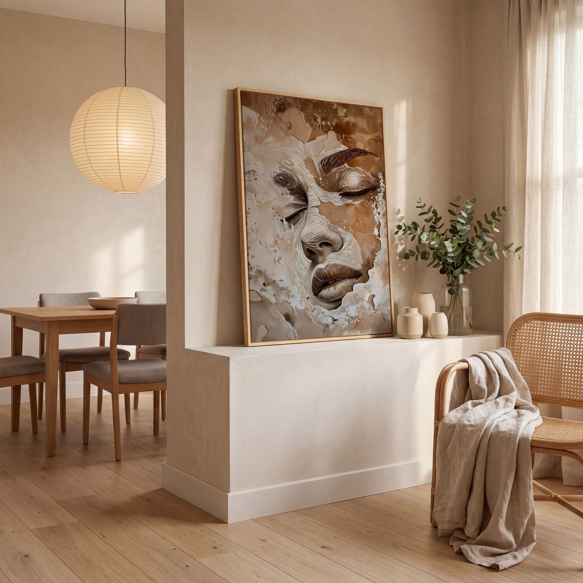 Abstract Beige Fashion Face Canvas Print in white oak floating frame