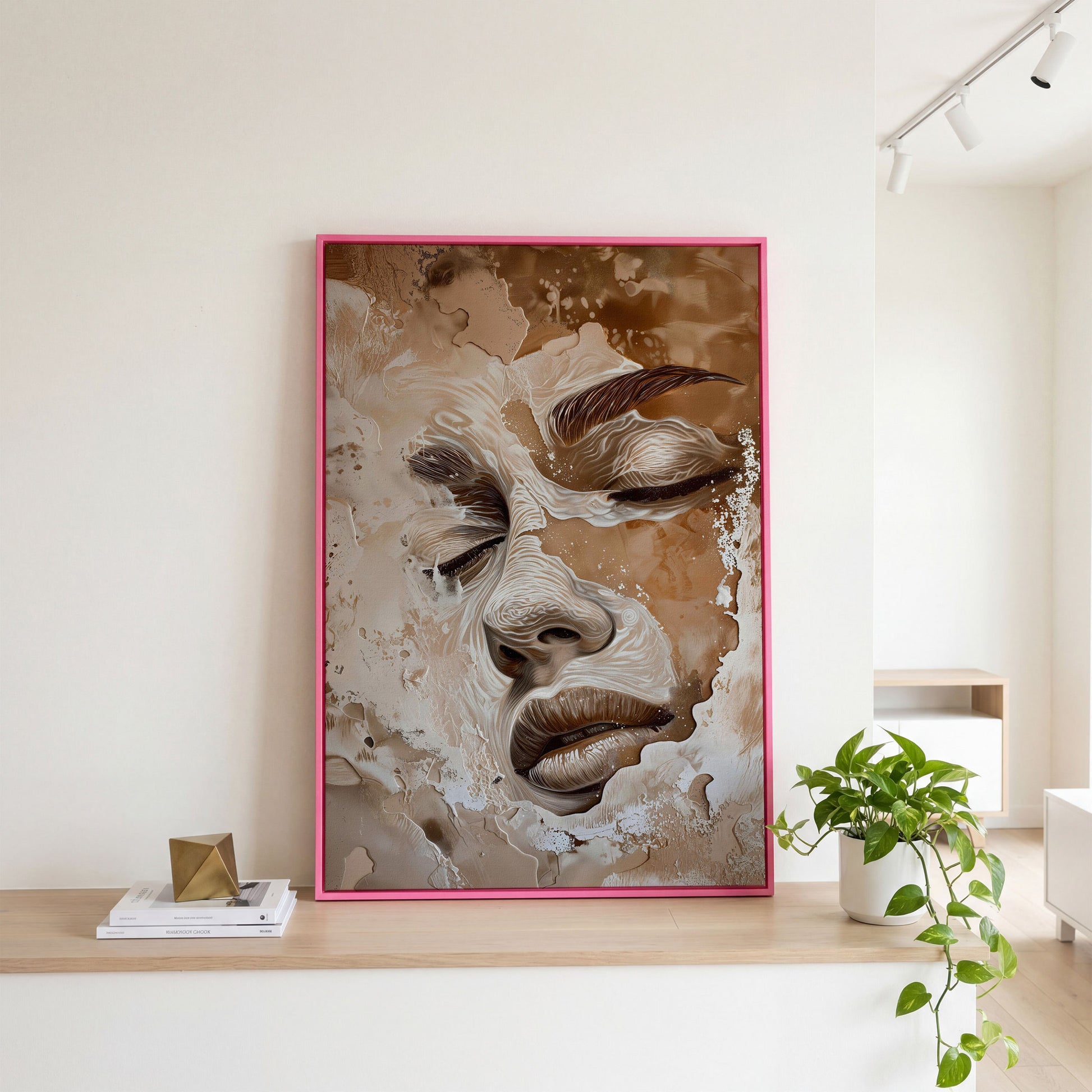 Abstract Beige Fashion Face Canvas Print in pink floating frame