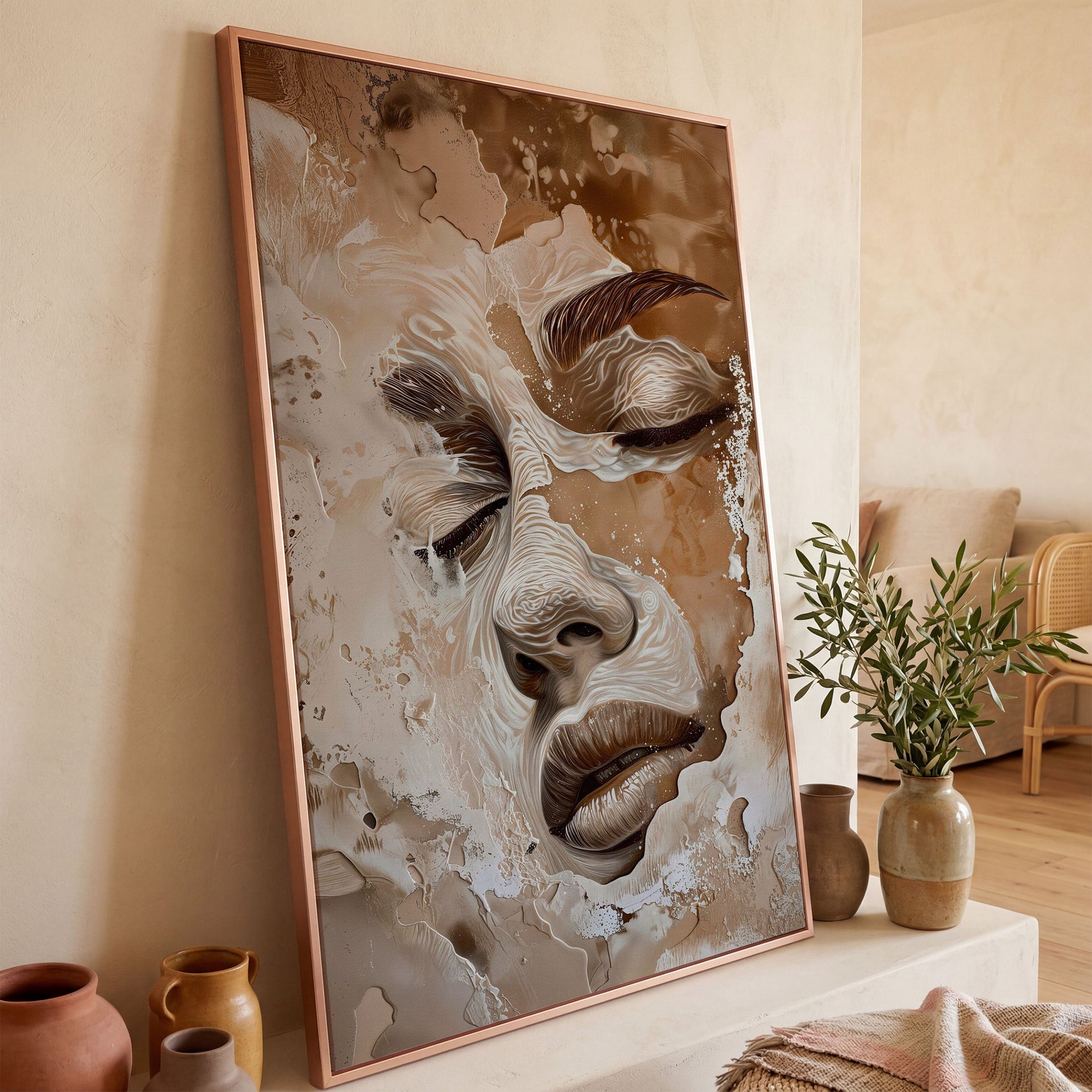 Abstract Beige Fashion Face Canvas Print in rose gold floating frame