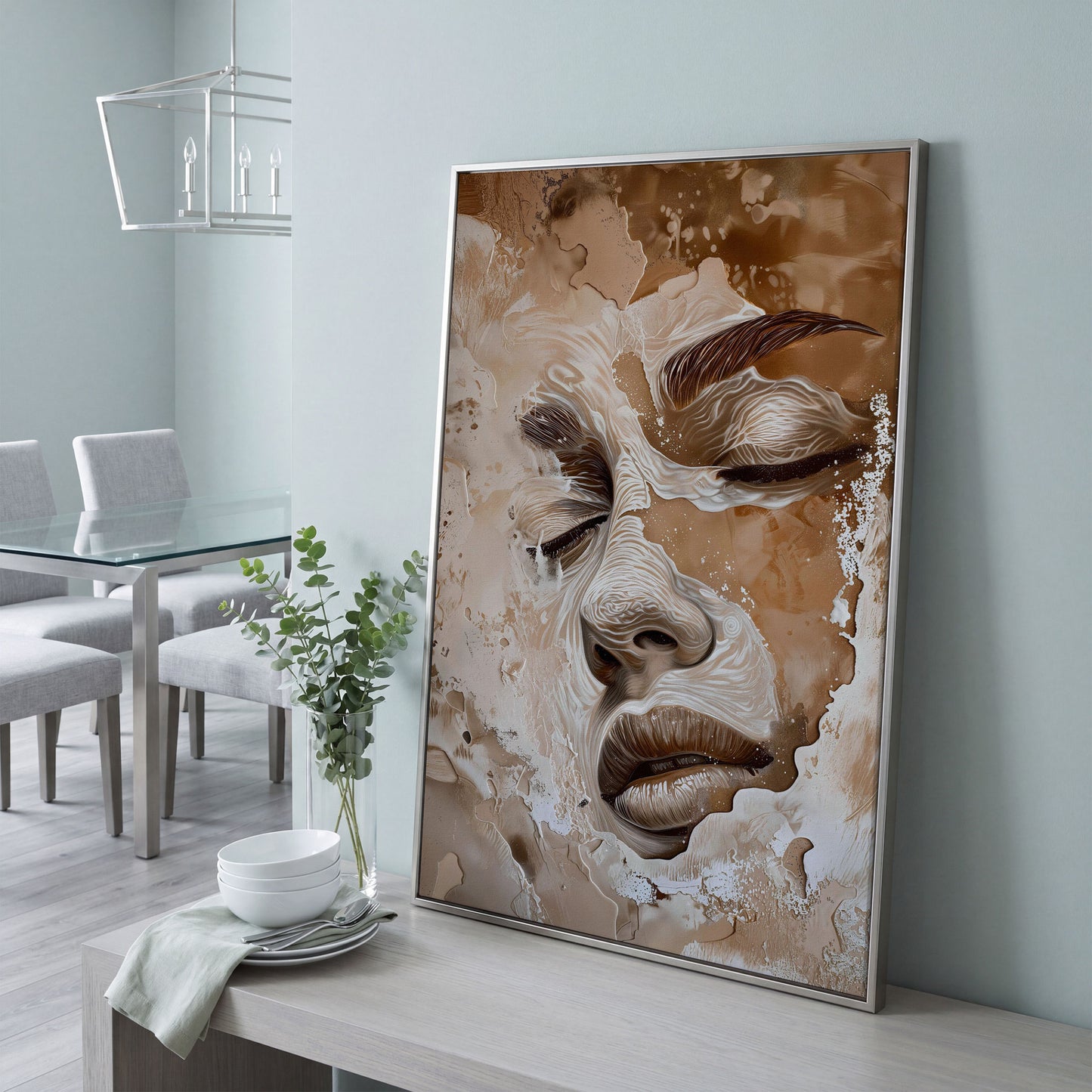 Abstract Beige Fashion Face Canvas Print in silver floating frame