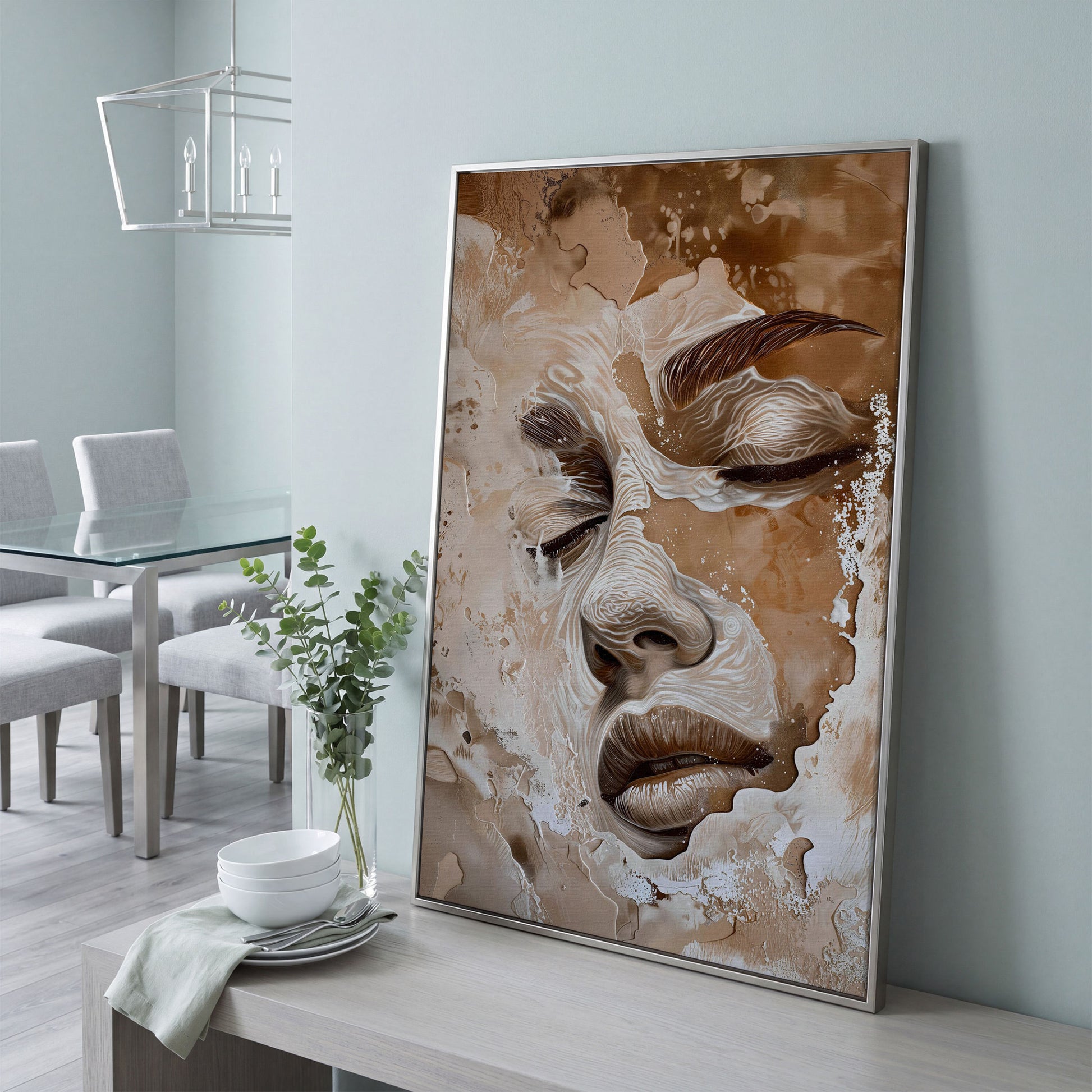 Abstract Beige Fashion Face Canvas Print in silver floating frame