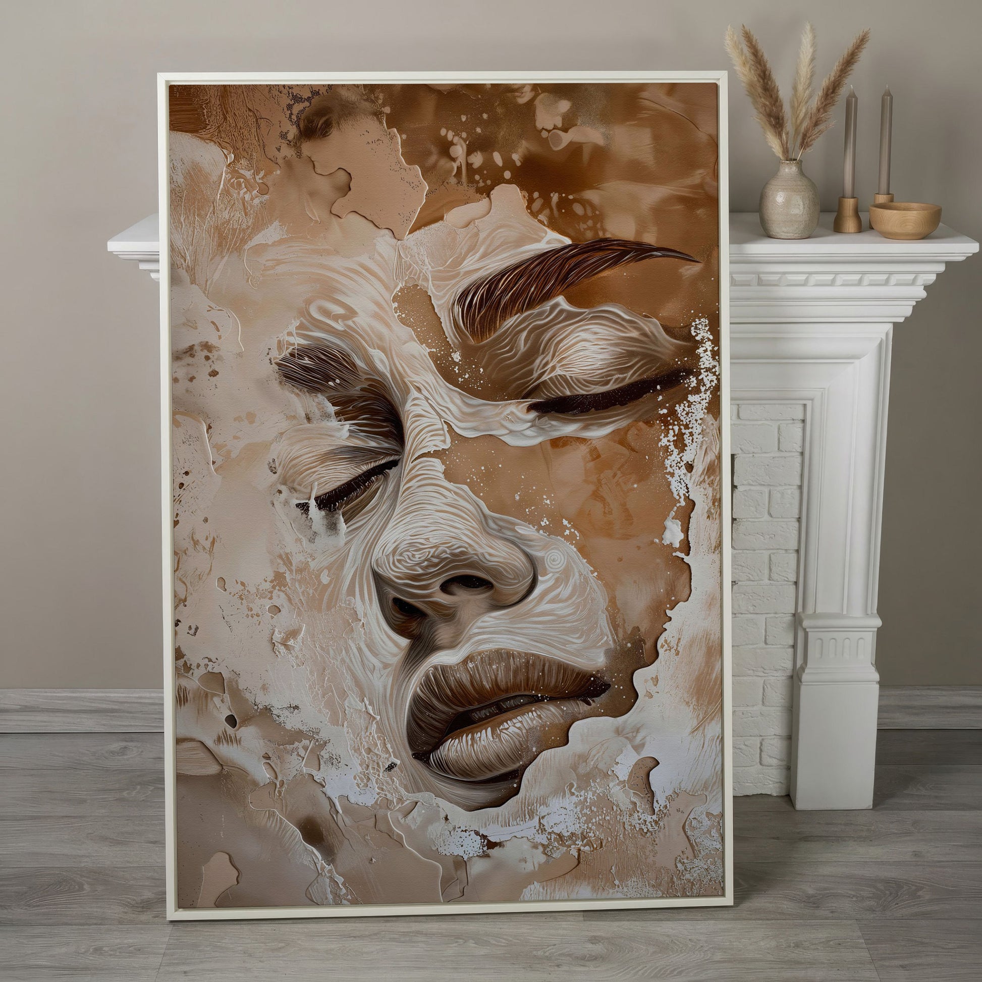 Abstract Beige Fashion Face Canvas Print in white floating frame