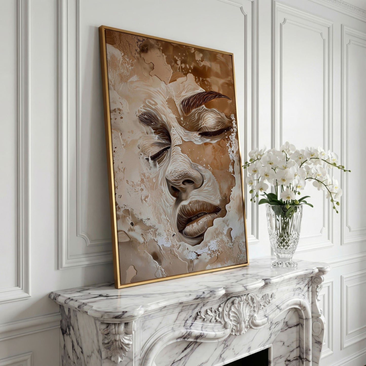 Abstract Beige Fashion Face Canvas Print in yellow gold floating frame
