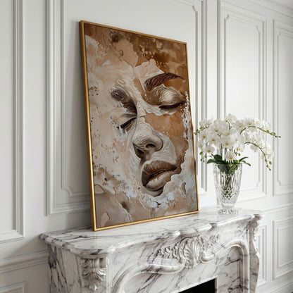 Abstract Beige Fashion Face Canvas Print in yellow gold floating frame