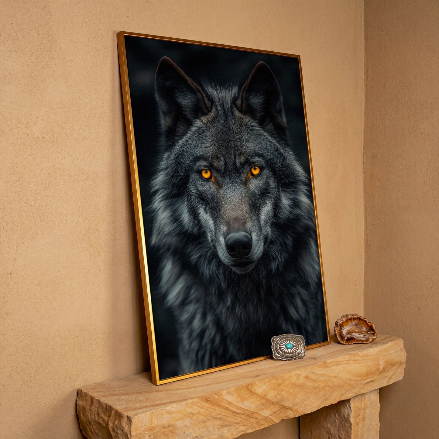 Dark Wolf with Amber Eyes Canvas Print in antique gold floating frame