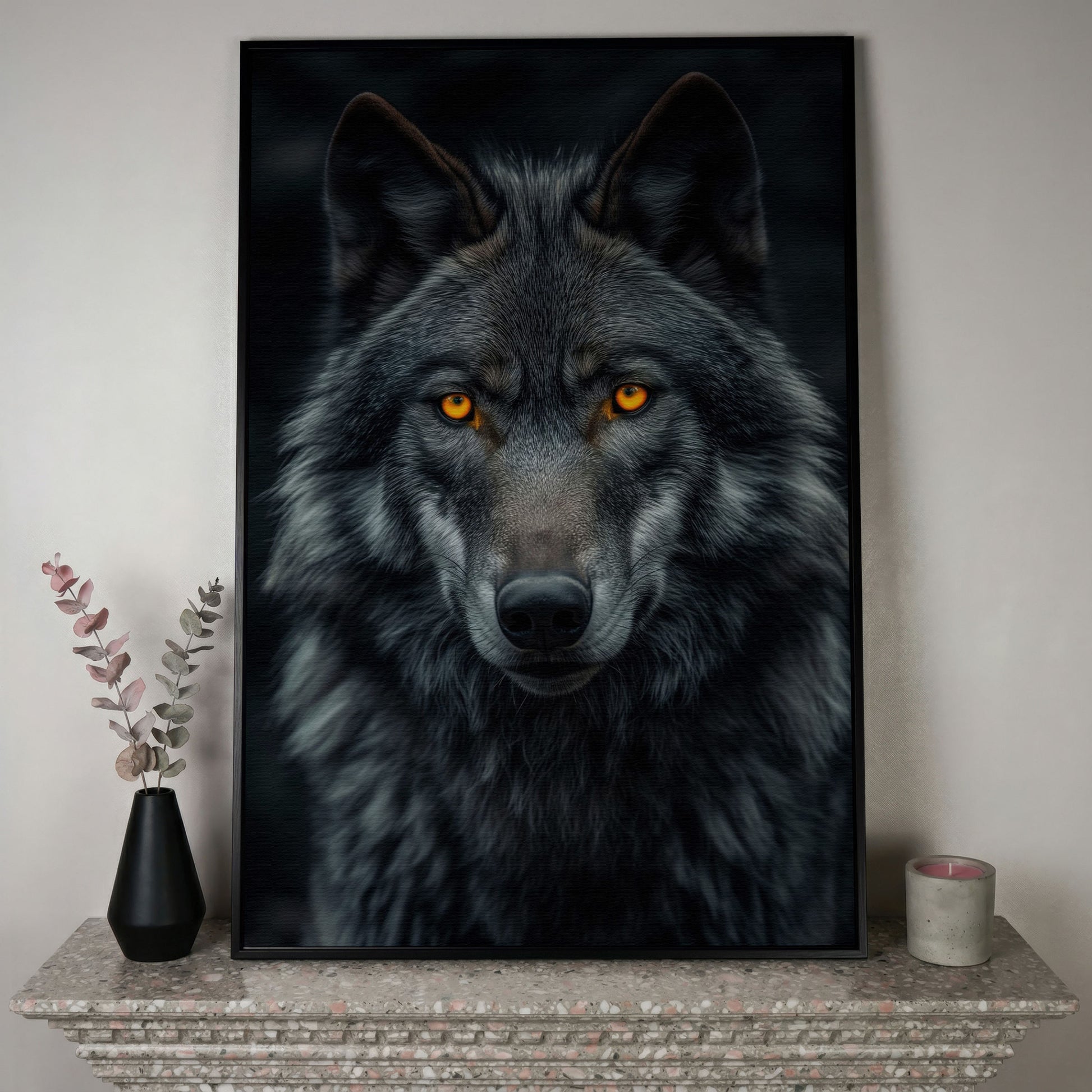 Dark Wolf with Amber Eyes Canvas Print in black floating frame