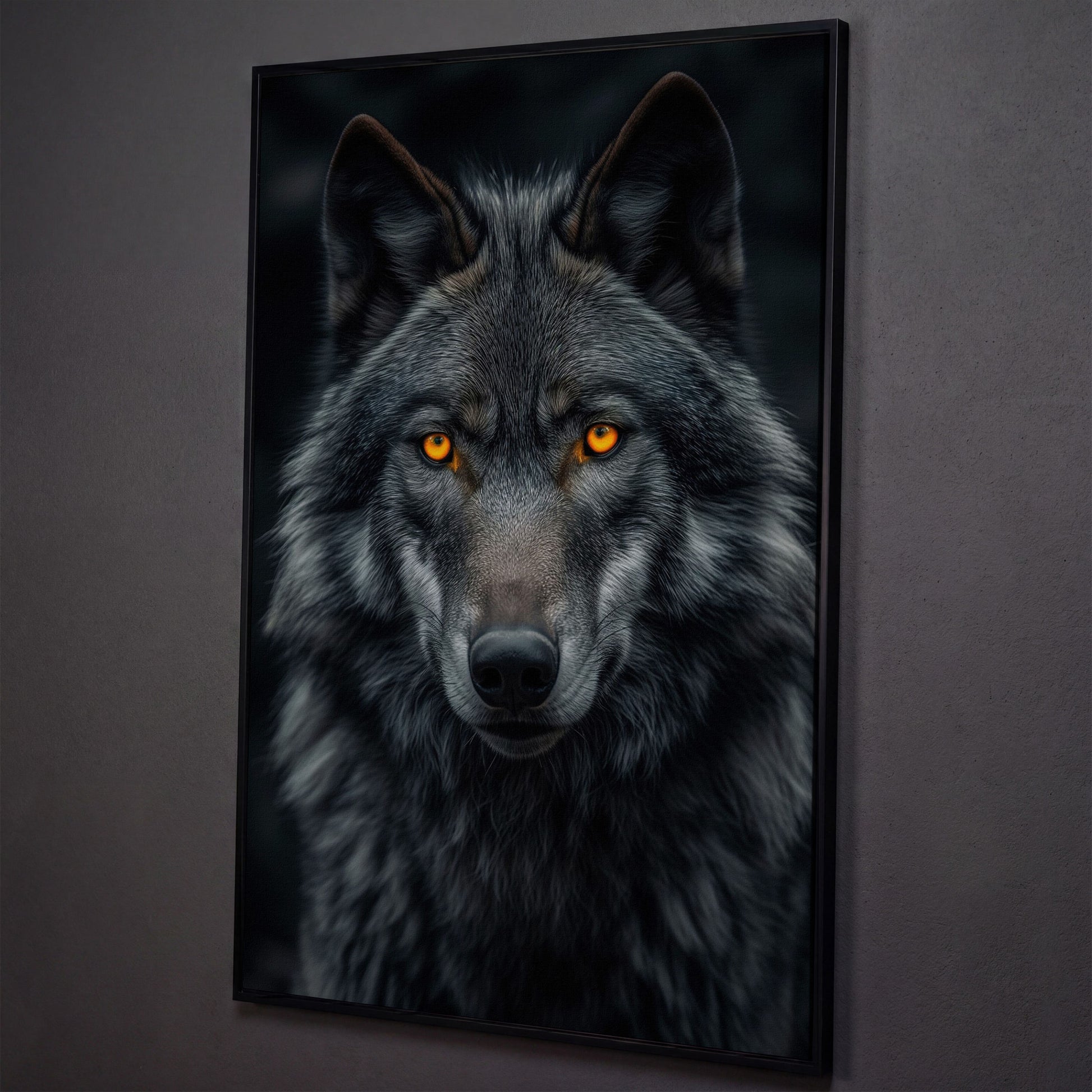 Dark Wolf with Amber Eyes Canvas Print shown in black floating frame