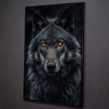 Dark Wolf with Amber Eyes Canvas Print shown in black floating frame