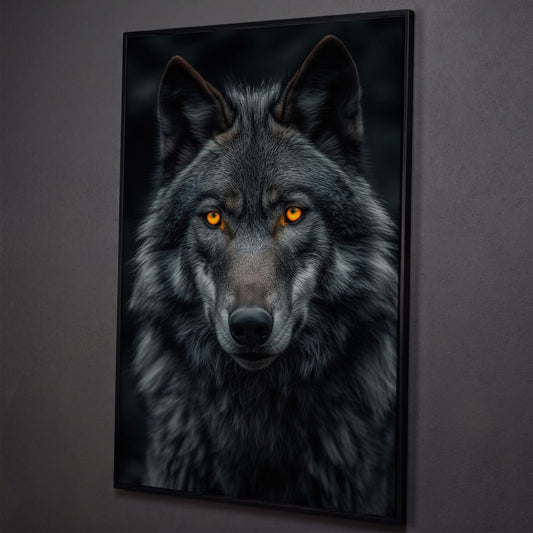 Dark Wolf with Amber Eyes Canvas Print shown in black floating frame