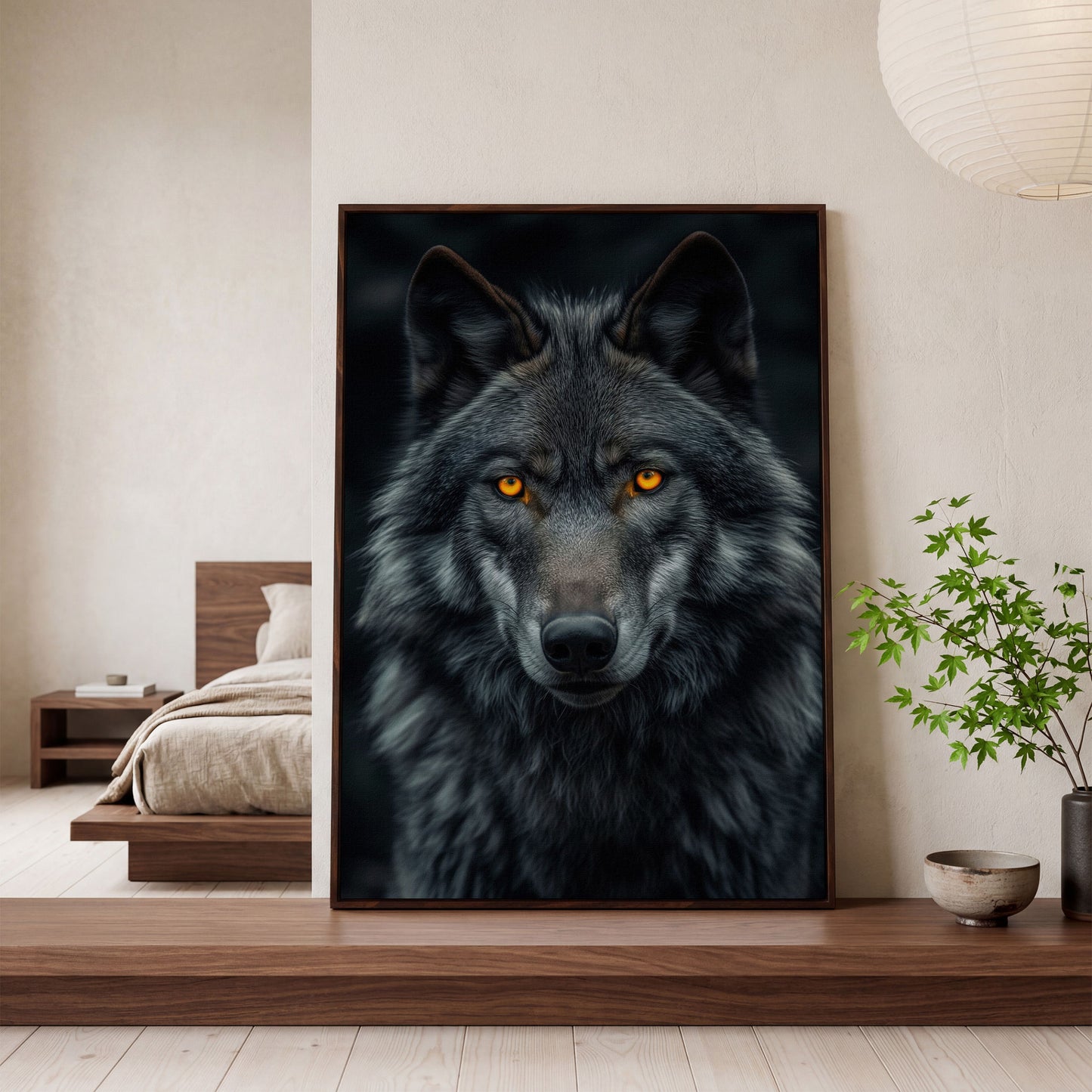 Dark Wolf with Amber Eyes Canvas Print in dark walnut floating frame