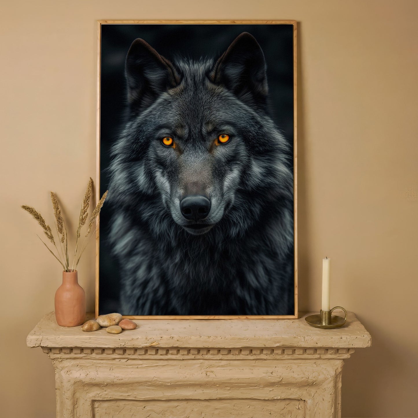 Dark Wolf with Amber Eyes Canvas Print in white oak floating frame
