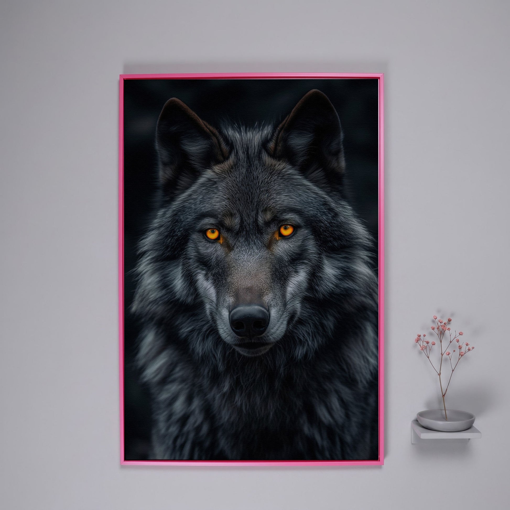 Dark Wolf with Amber Eyes Canvas Print in pink floating frame
