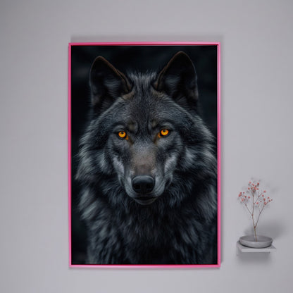 Dark Wolf with Amber Eyes Canvas Print in pink floating frame