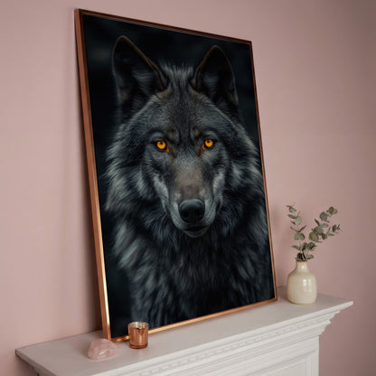 Dark Wolf with Amber Eyes Canvas Print in rose gold floating frame