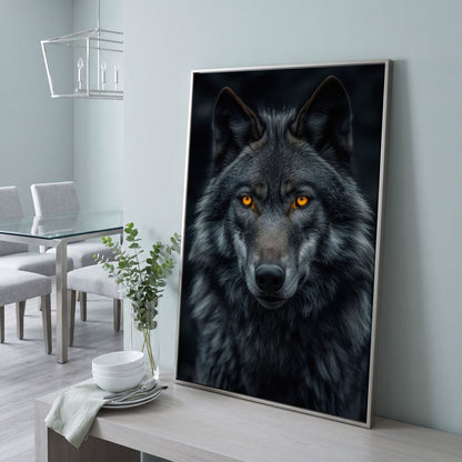Dark Wolf with Amber Eyes Canvas Print in silver floating frame