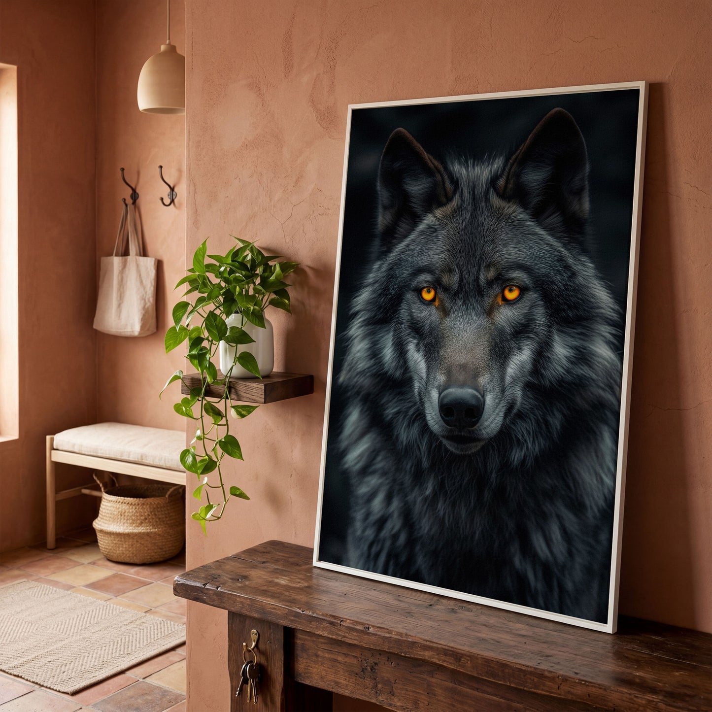 Dark Wolf with Amber Eyes Canvas Print in white floating frame