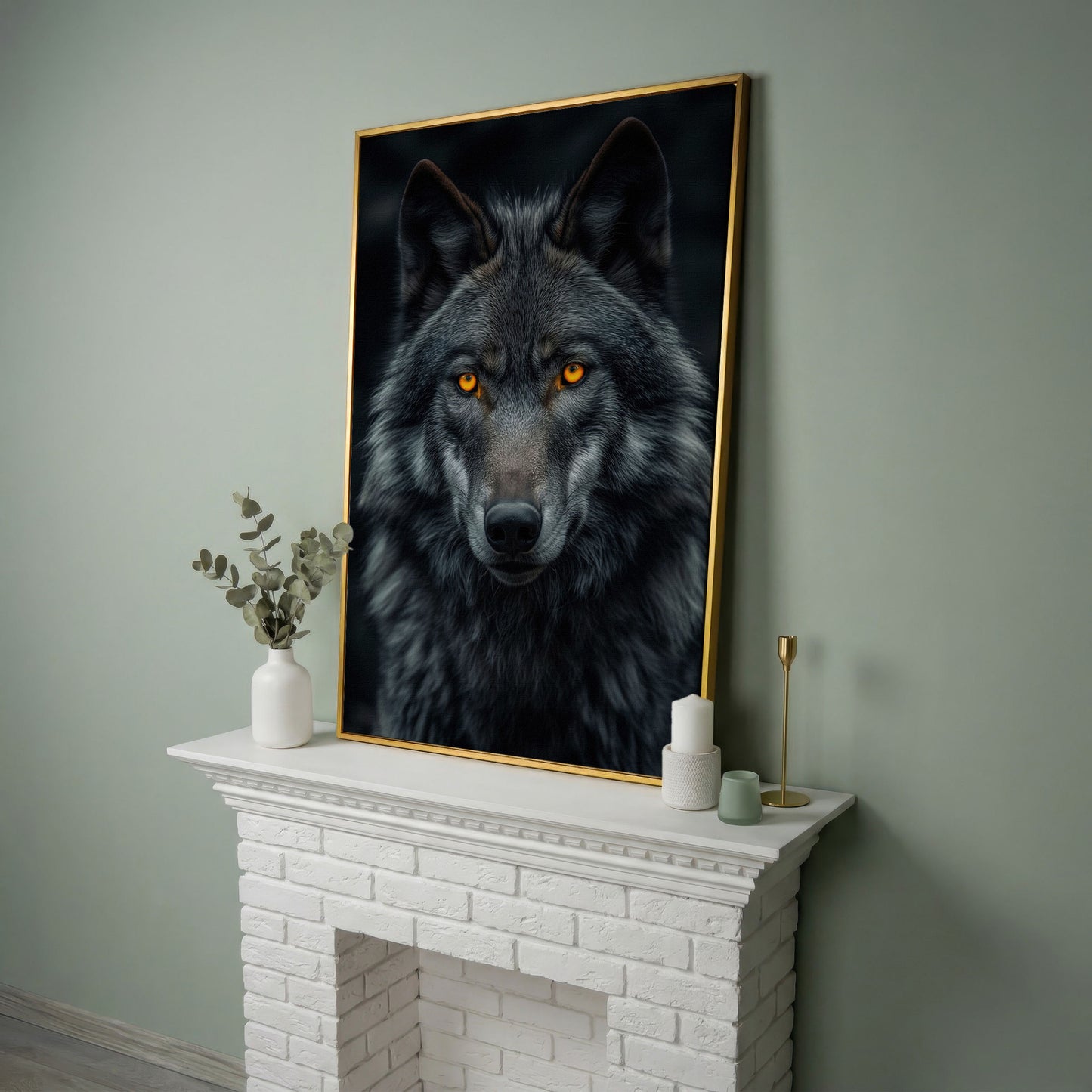 Dark Wolf with Amber Eyes Canvas Print in yellow gold floating frame