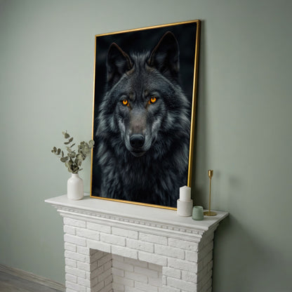 Dark Wolf with Amber Eyes Canvas Print in yellow gold floating frame