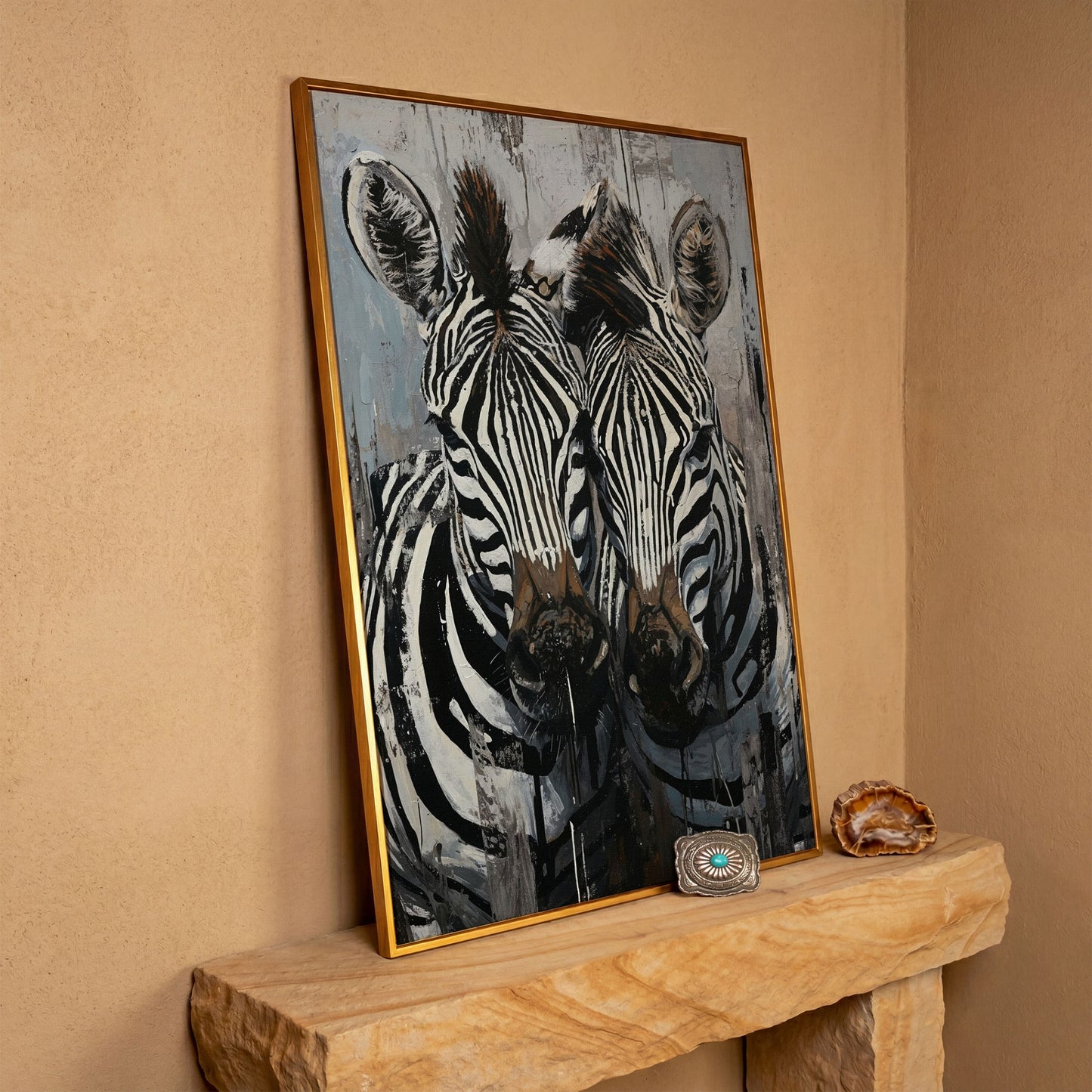 Abstract Pair of Zebras Canvas Print in antique gold floating frame