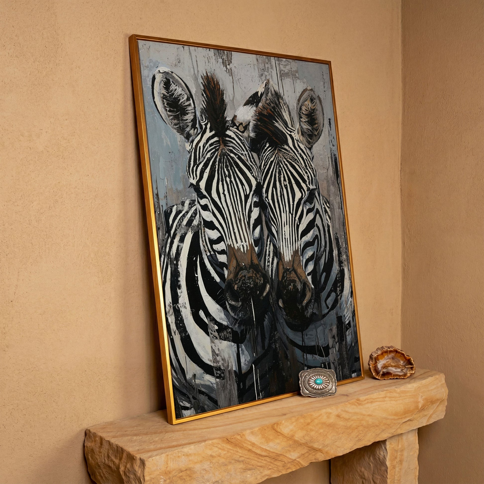 Abstract Pair of Zebras Canvas Print in antique gold floating frame