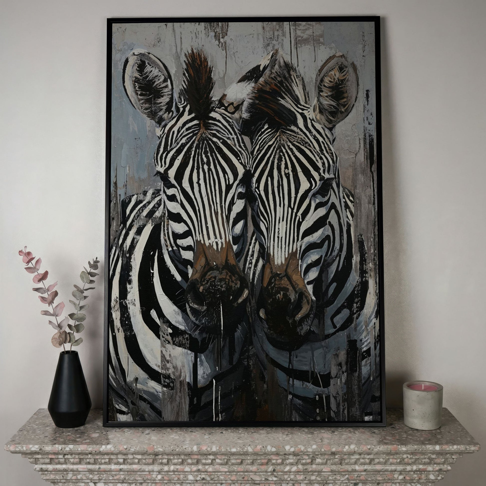 Abstract Pair of Zebras Canvas Print in black floating frame