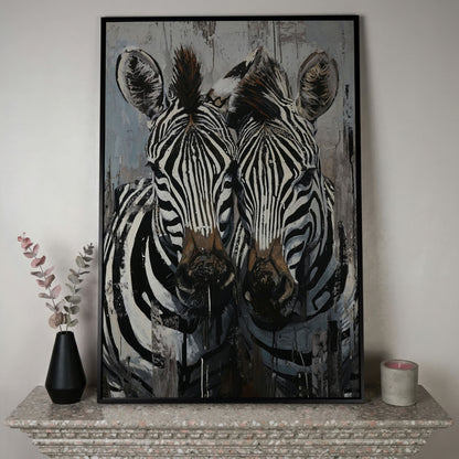 Abstract Pair of Zebras Canvas Print in black floating frame