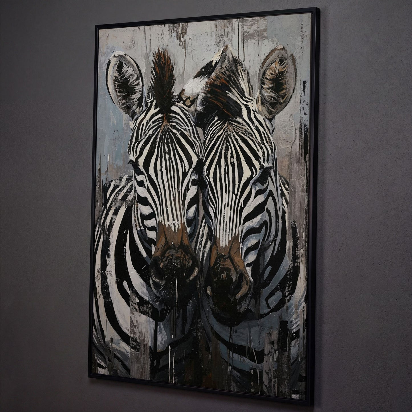 Abstract Pair of Zebras Canvas Print shown in black floating frame