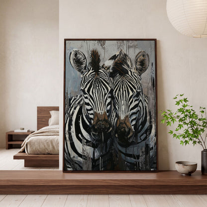 Abstract Pair of Zebras Canvas Print in dark walnut floating frame