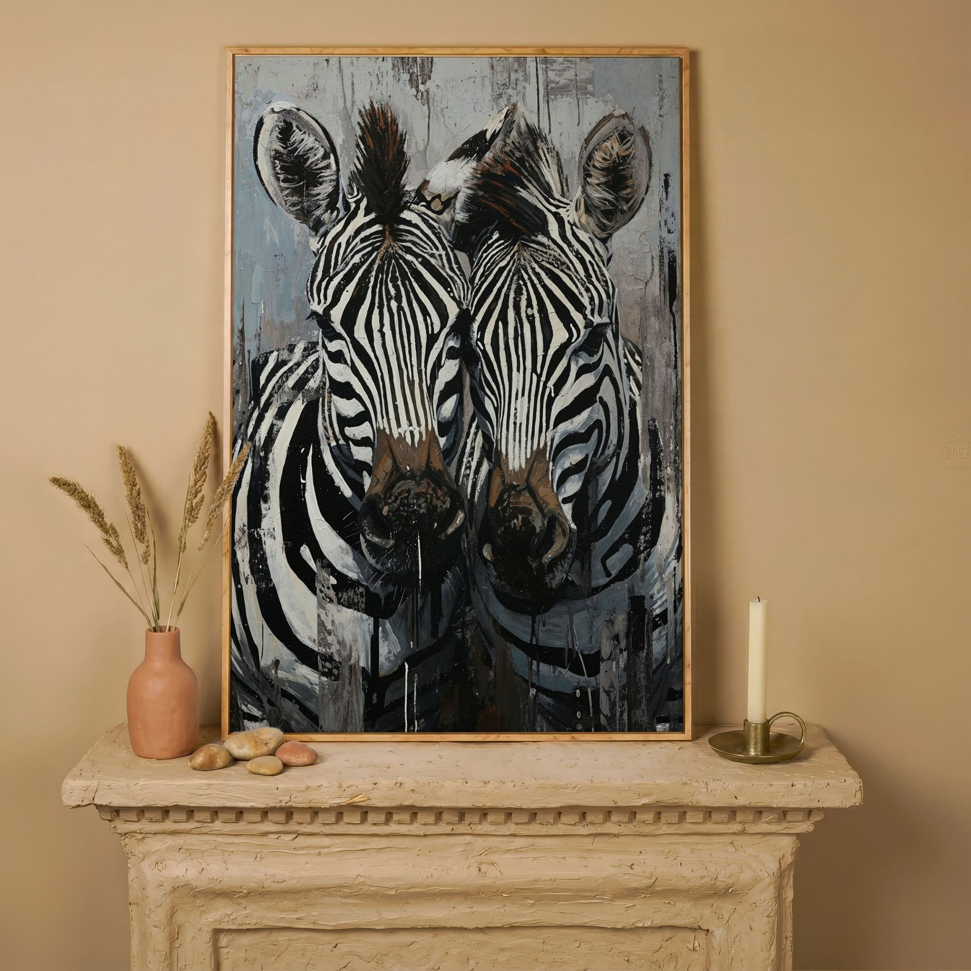 Abstract Pair of Zebras Canvas Print in white oak floating frame
