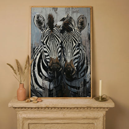 Abstract Pair of Zebras Canvas Print in white oak floating frame
