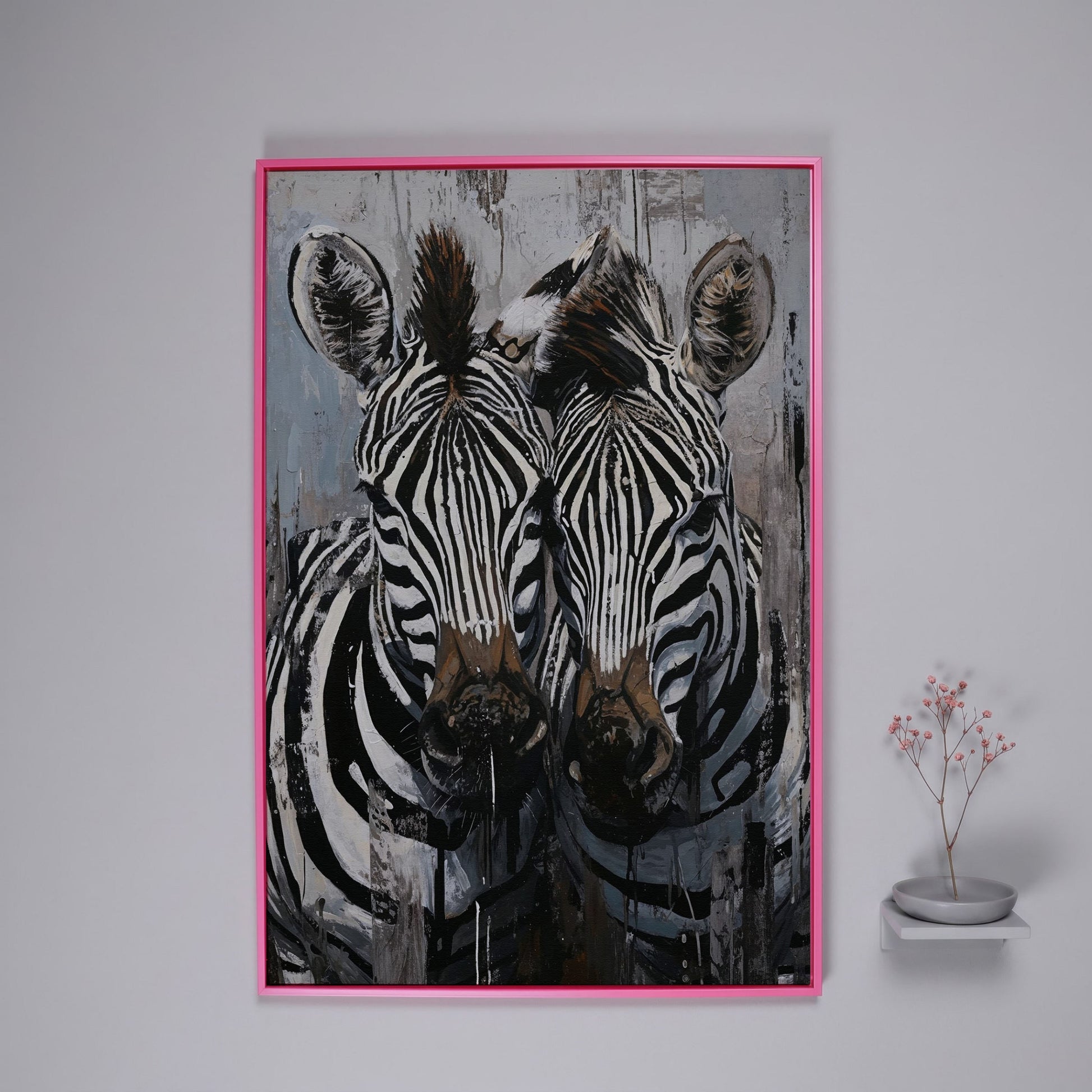 Abstract Pair of Zebras Canvas Print in pink floating frame
