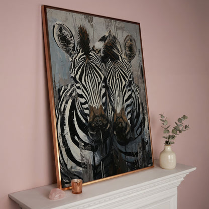 Abstract Pair of Zebras Canvas Print in rose gold floating frame