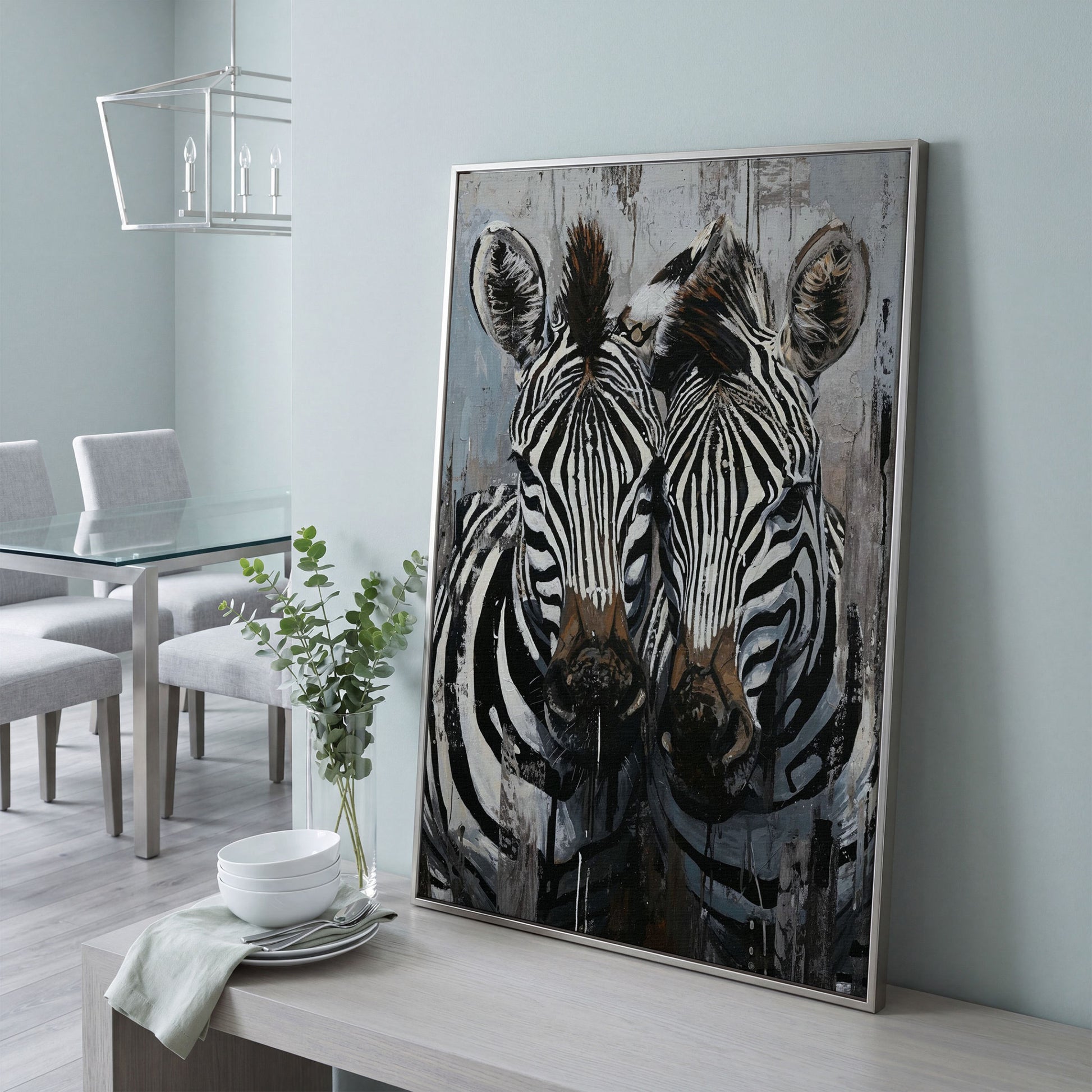 Abstract Pair of Zebras Canvas Print in silver floating frame