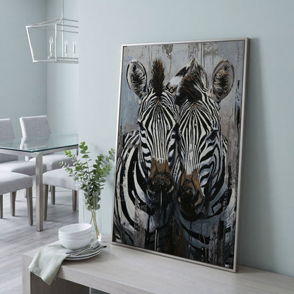 Abstract Pair of Zebras Canvas Print in silver floating frame