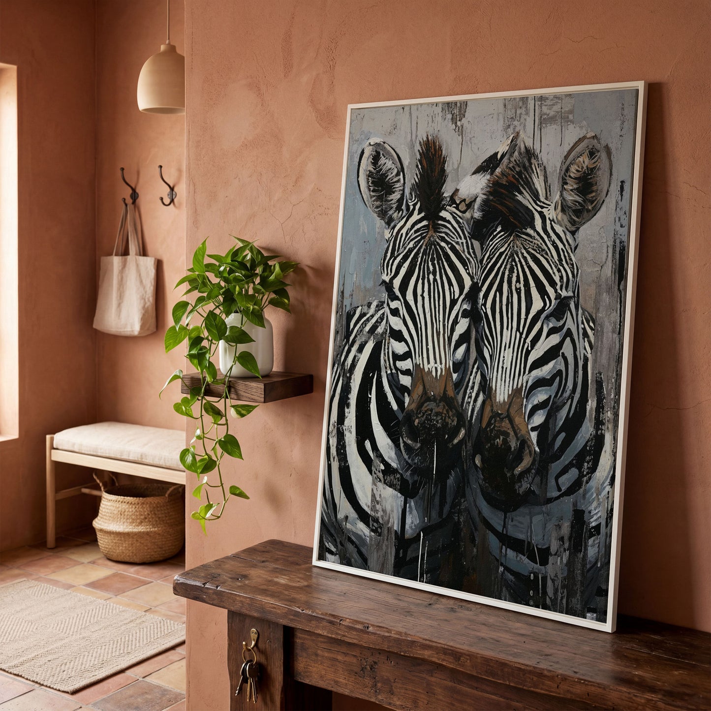 Abstract Pair of Zebras Canvas Print in white floating frame