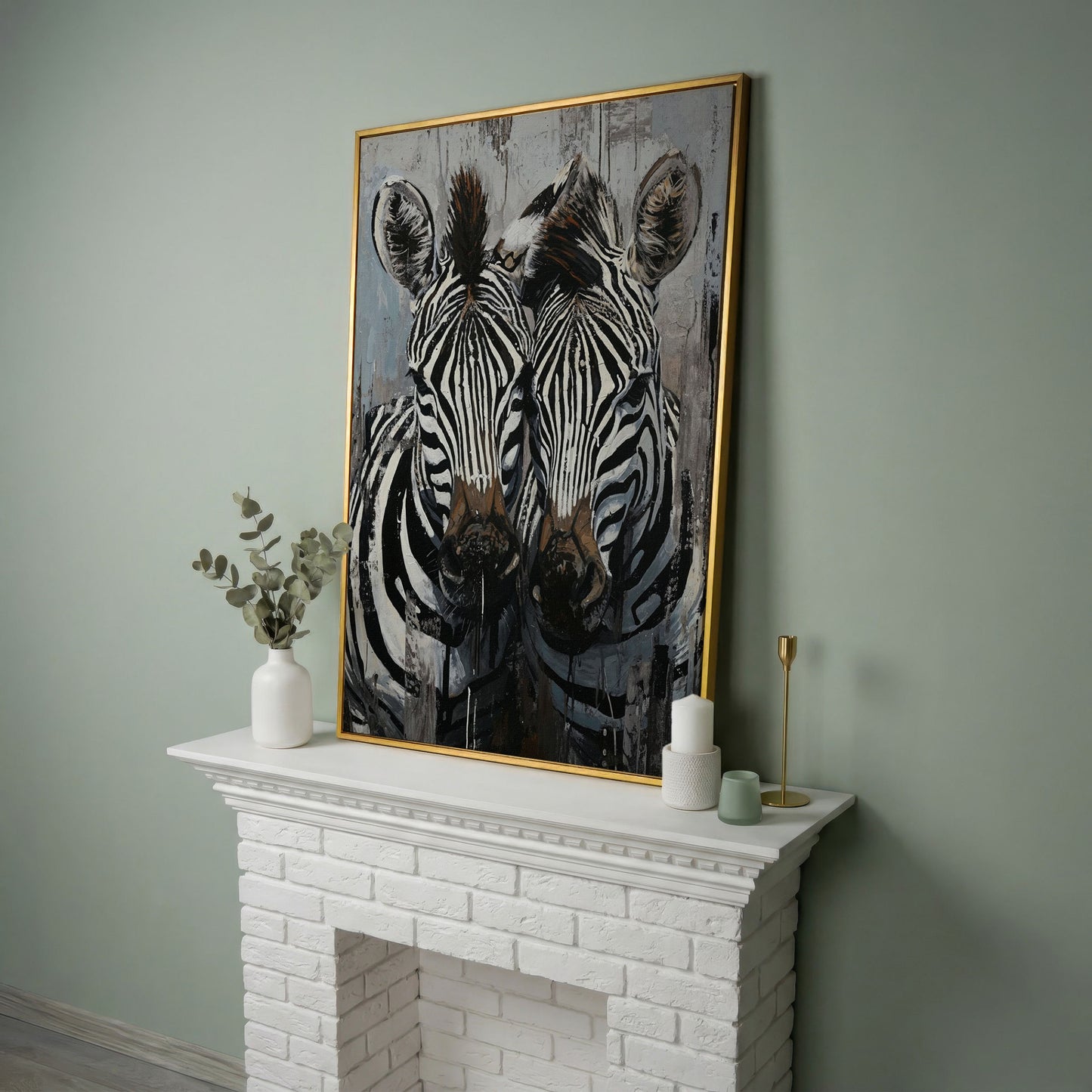 Abstract Pair of Zebras Canvas Print in yellow gold floating frame