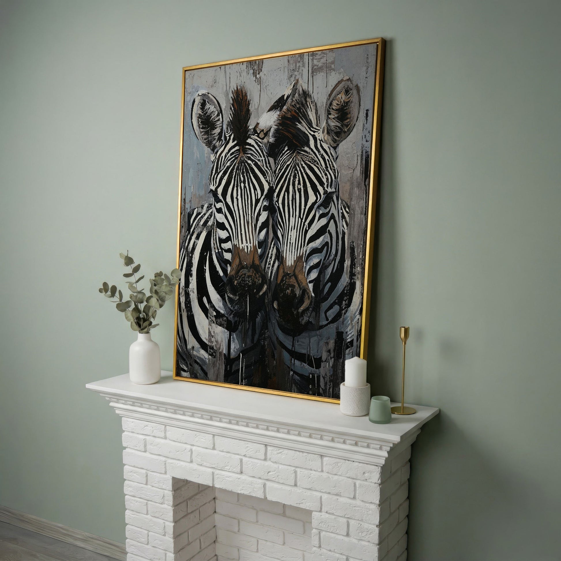 Abstract Pair of Zebras Canvas Print in yellow gold floating frame