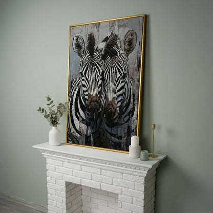 Abstract Pair of Zebras Canvas Print in yellow gold floating frame