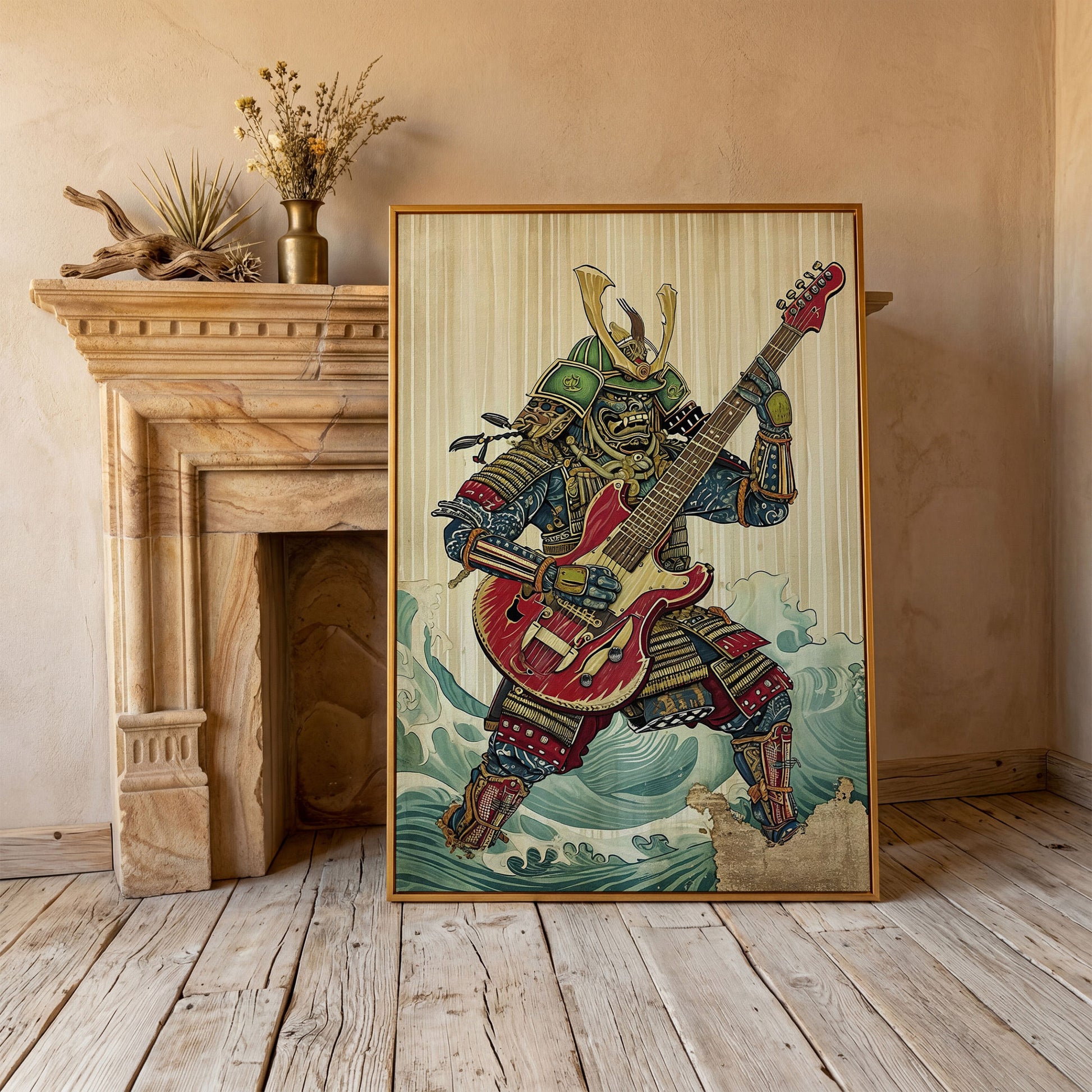 Samurai Musician Canvas Art with Electric Guitar in antique gold floating frame