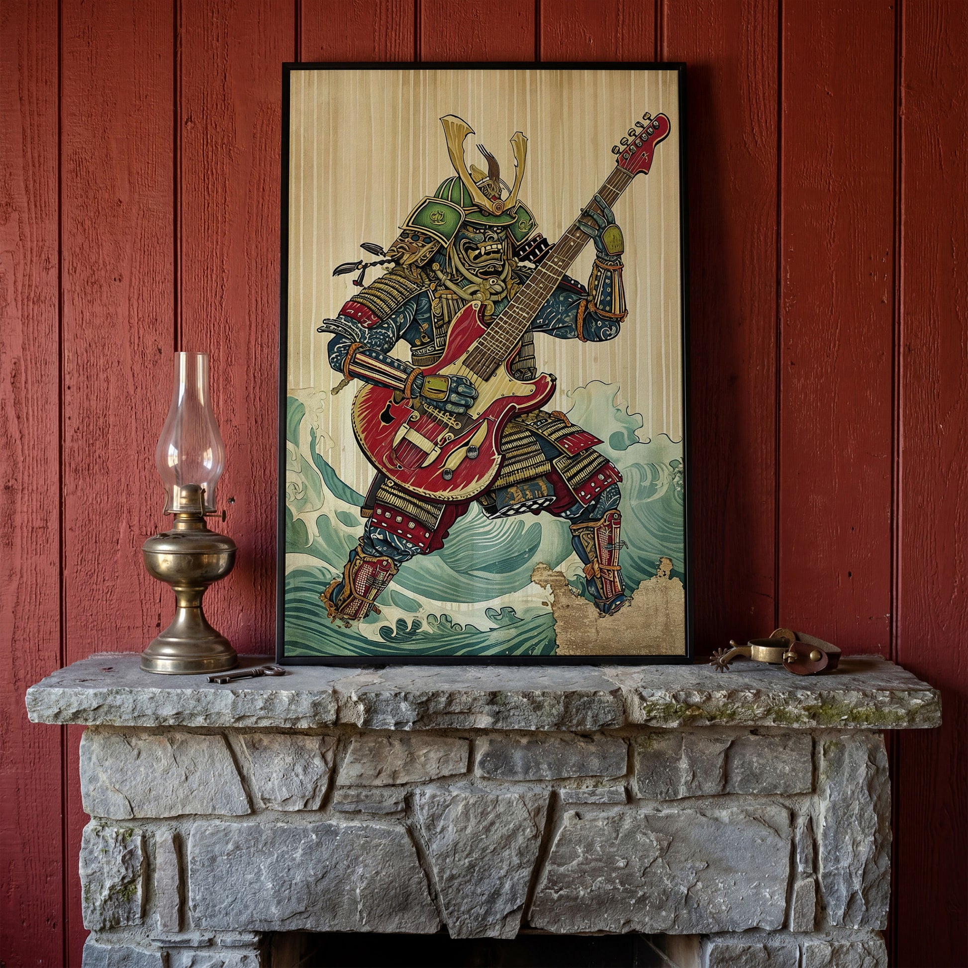 Samurai Musician Canvas Art with Electric Guitar in black floating frame