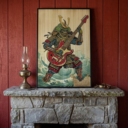 Samurai Musician Canvas Art with Electric Guitar in black floating frame