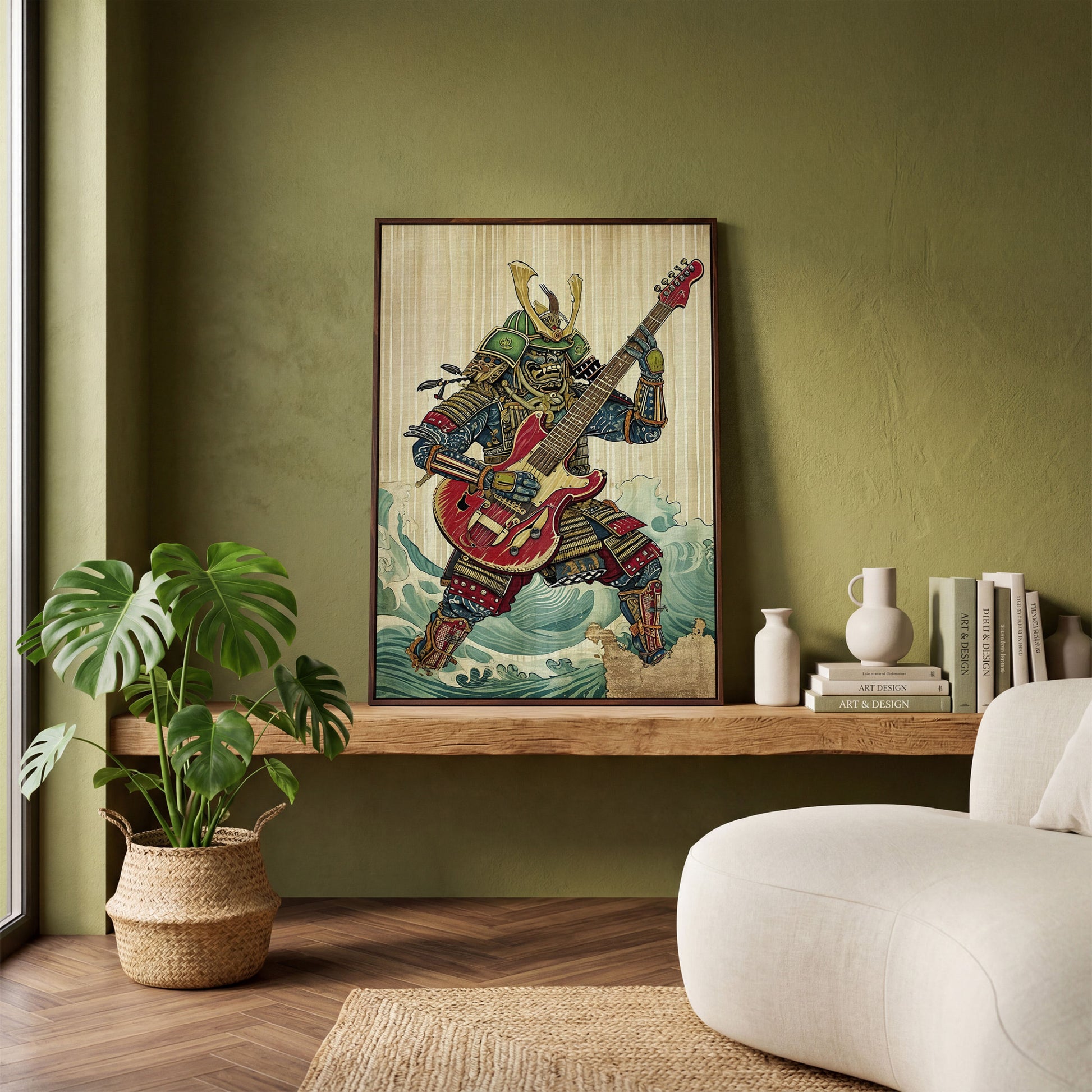 Samurai Musician Canvas Art with Electric Guitar in dark walnut floating frame