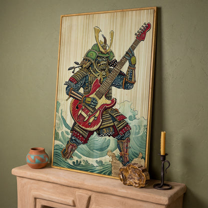 Samurai Musician Canvas Art with Electric Guitar in white oak floating frame