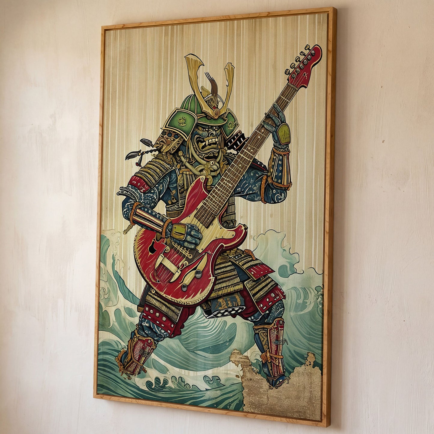 Samurai Musician Canvas Art with Electric Guitar shown in white oak floating frame