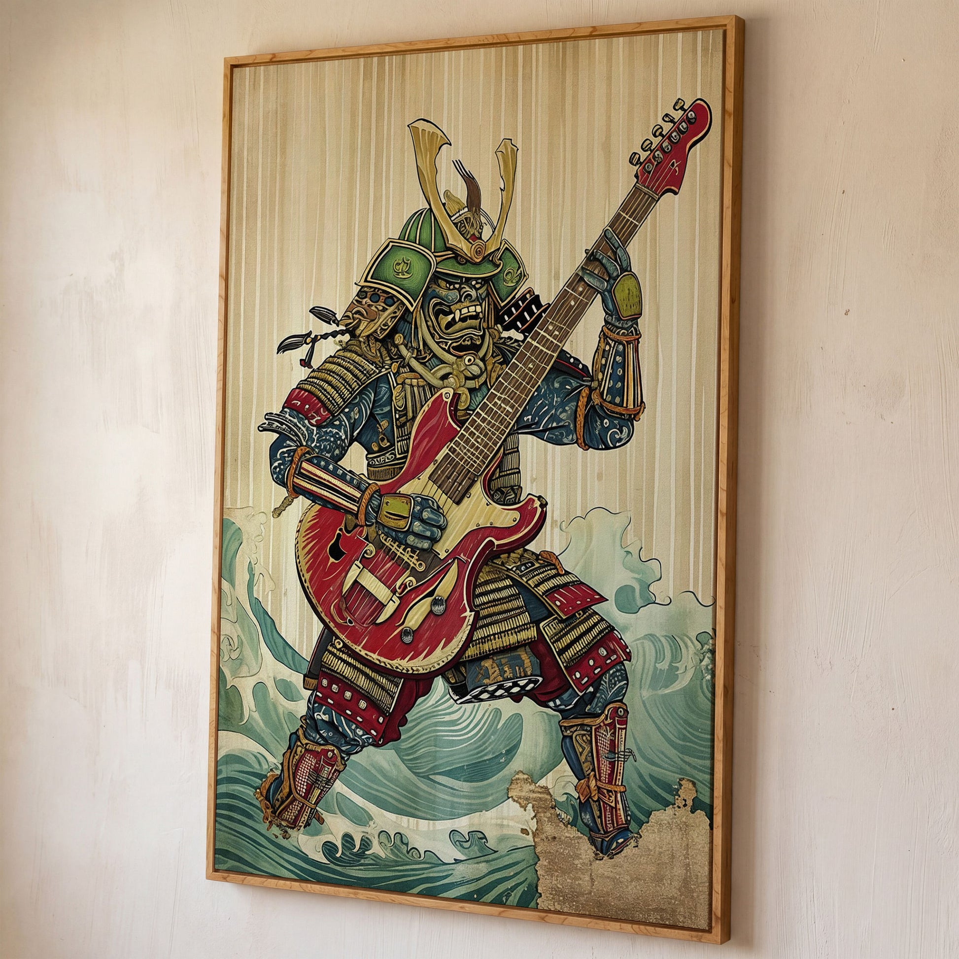 Samurai Musician Canvas Art with Electric Guitar shown in white oak floating frame