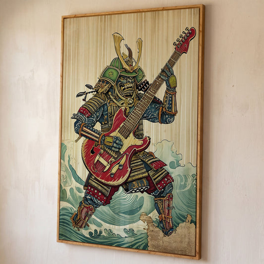 Samurai Musician Canvas Art with Electric Guitar shown in white oak floating frame