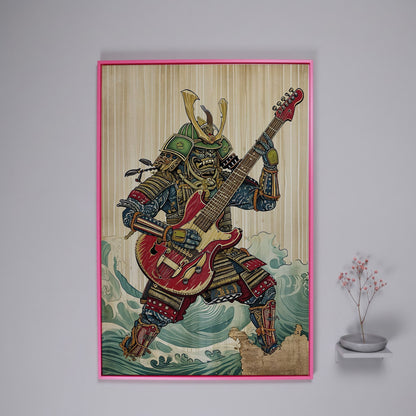Samurai Musician Canvas Art with Electric Guitar in pink floating frame